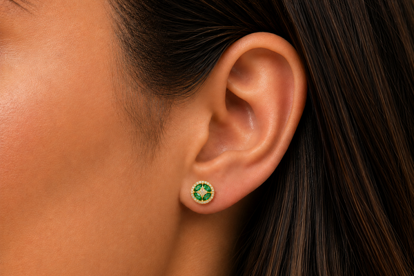 Earrings 14kt Gold Flowers Oval Emeralds & Diamonds Studs