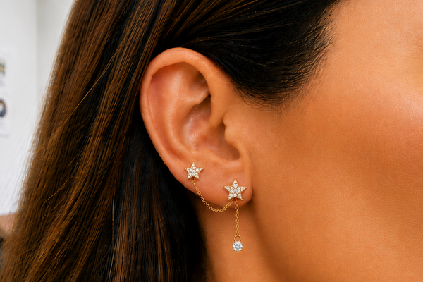 Earrings 14kt Gold Double Stud Chain & Diamonds