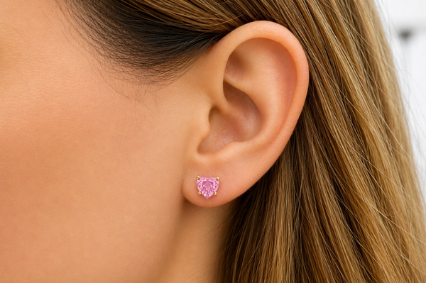 Earrings 14kt Gold & Pink Sapphires Hearts Studs