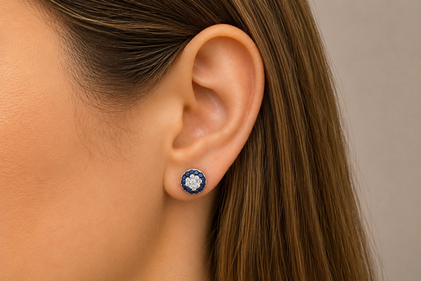 Earrings 18Kt Gold Sapphires and Diamonds Round Stud
