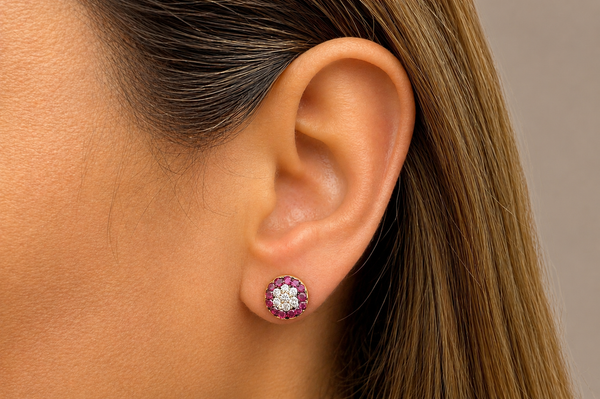 Earrings 18Kt Gold Rubies and Diamonds Round Stud