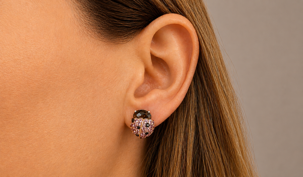 Earrings 18Kt Gold Ladybugs with Pink Sapphires and Black Diamonds