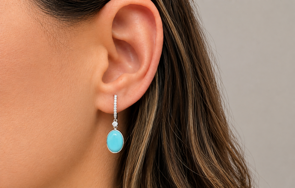 Earrings 18kt Mixed Gold Turquoise Ovals with Diamonds Hoops