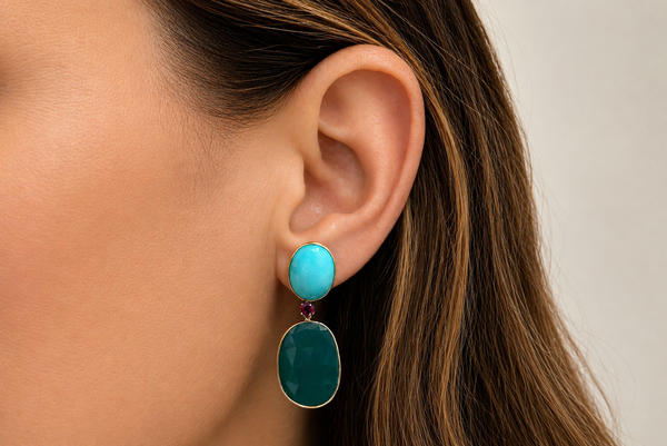 Earrings 14kt Gold Turquoise, Ruby & Green Agate