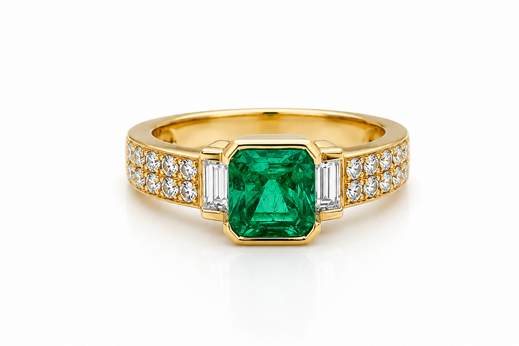 Ring 18kt Yellow Gold Emerald & Diamonds