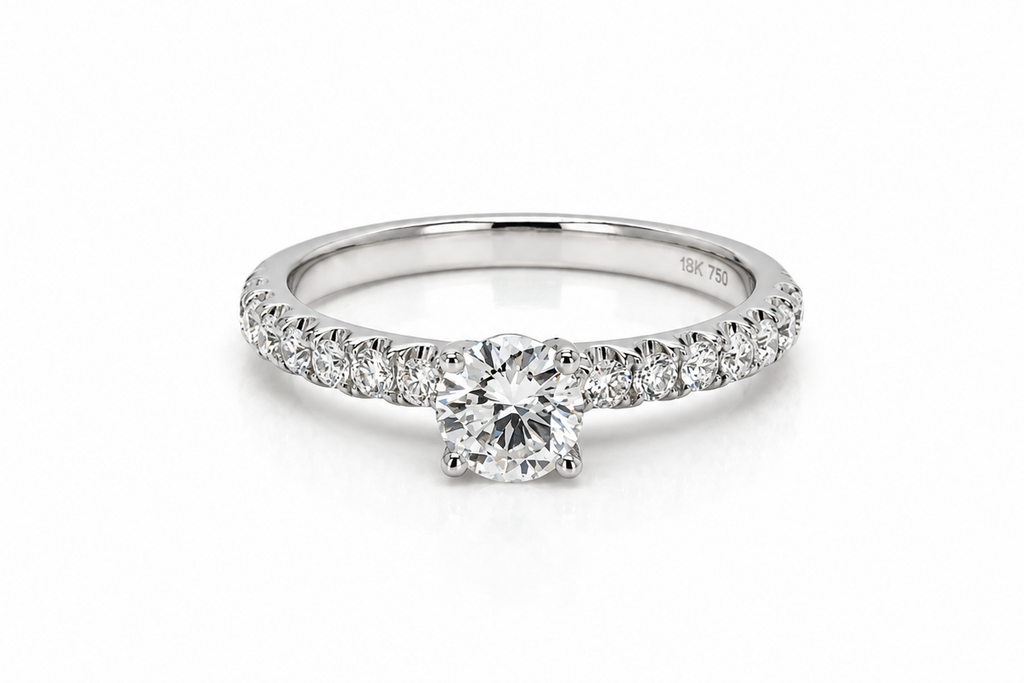 Ring 18Kt Gold Round Diamond 0.42cts G-VS2 & Pave