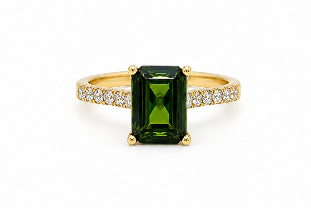 Ring 18kt Gold Emerald Cut Tourmaline & Diamonds
