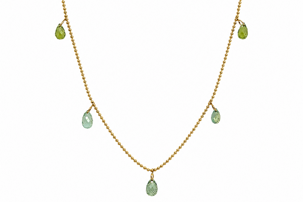 Necklace 14kt Gold Shaker 5 Green Sapphires