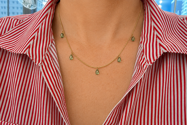 Necklace 14kt Gold Shaker 5 Green Sapphires