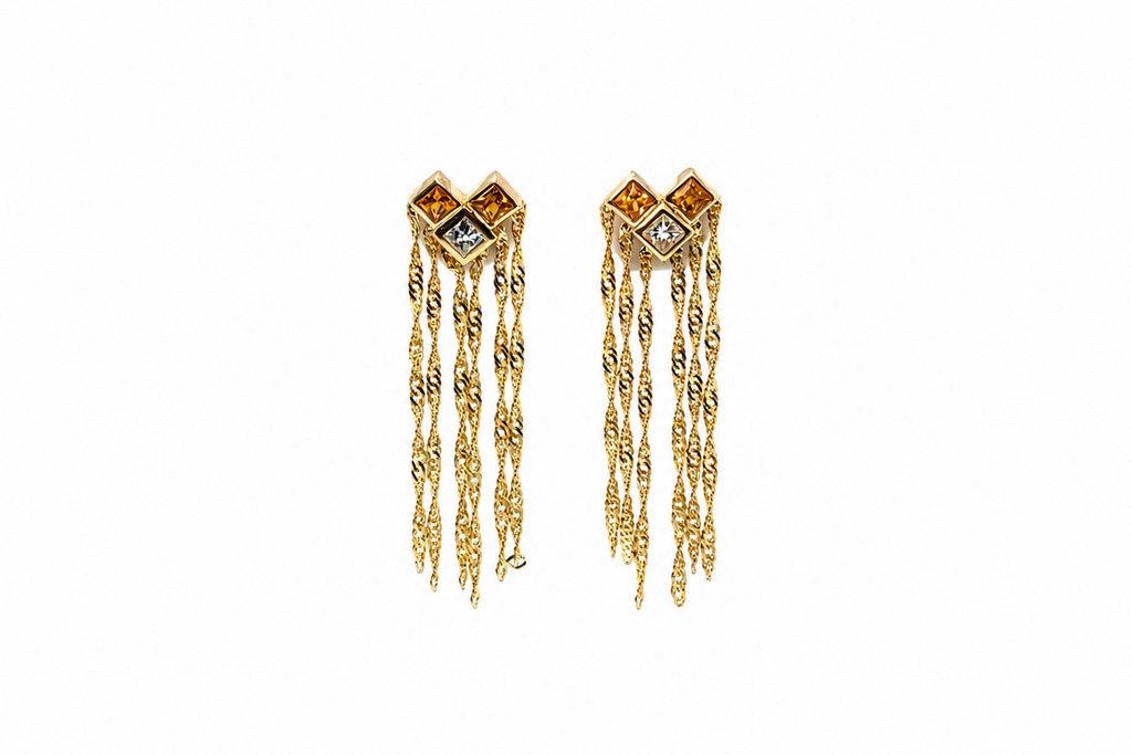 Earrings 18Kt Yellow Gold Yellow Sapphires, Diamonds and rain of Chains