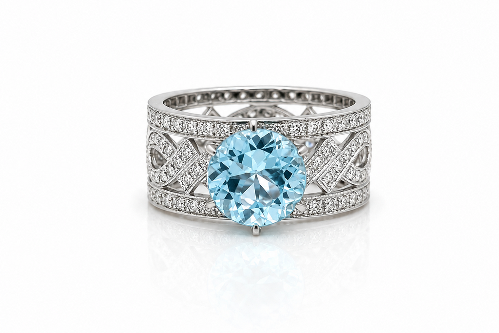 Ring 18Kt Gold Round Blue Topaz 3.38 carats Diamonds 0.60 carats