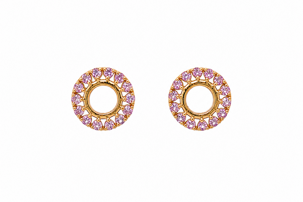 Earrings 18kt Gold Open Flowers Pink Sapphires Studs