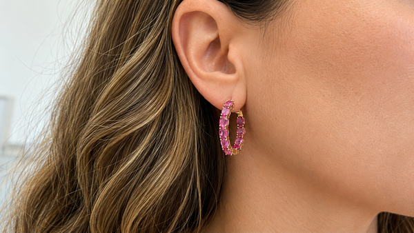 Earrings 18kt Gold Pink Oval Sapphires Hoops