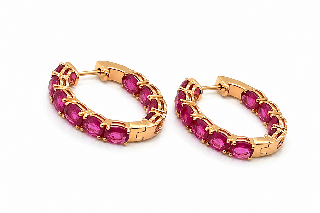 Earrings 18kt Gold Pink Oval Sapphires Hoops