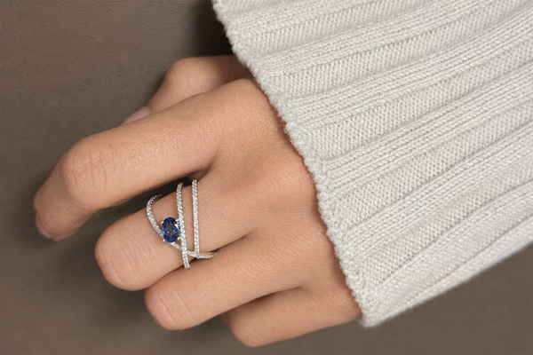 Ring 14kt Gold Oval Sapphires & Diamonds Criss-Cross