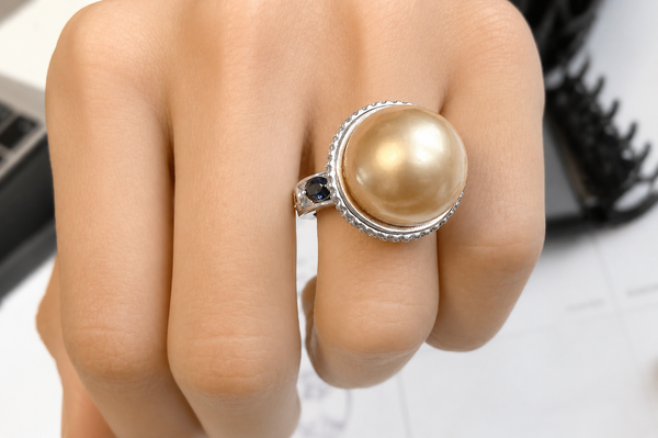 Ring South Sea Golden Pearl with Diamonds & Blue Sapphire