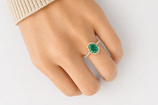 Ring 18kt Gold Oval Emerald & Diamonds