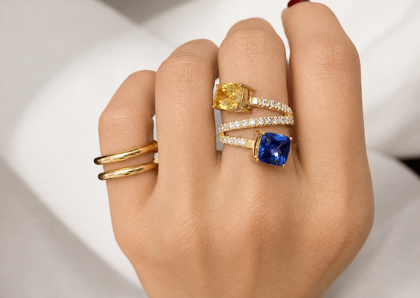 Ring 18kt Gold You and Me Tanzanite Sapphire & Diamonds