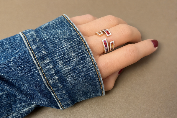 Ring 18kt Gold Multicolor Double Band Open Ring & Diamonds