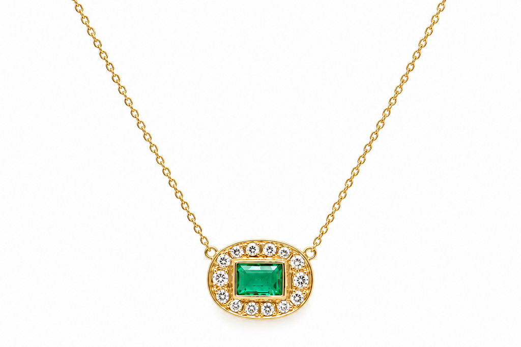 Necklace 18kt Gold Emerald cut Emerald & Pave Diamonds