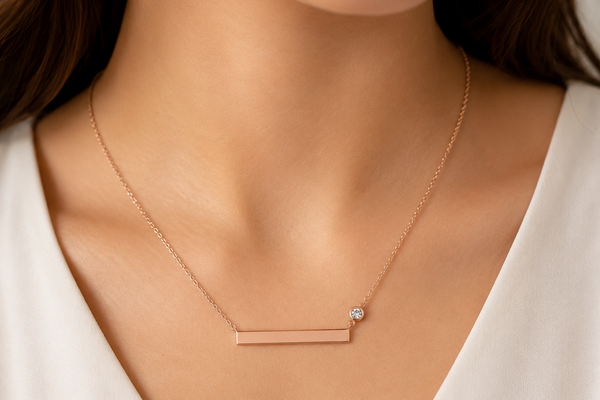 Necklace 14kt Rose Gold Engravable Bar Pendant with Diamond