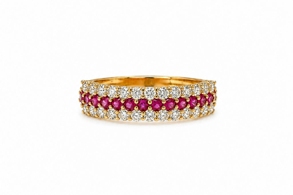 Ring 18kt Yellow Gold 3-Row Band Rubies & Diamonds