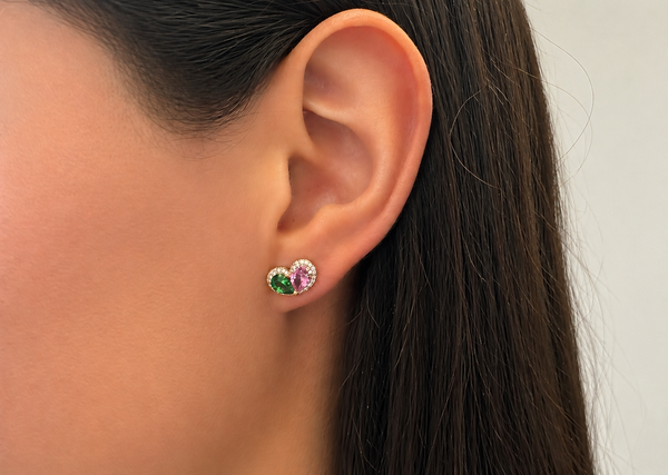 Earrings 18kt Tsavorites & Pink Sapphire Pear Shape with Diamonds Halo