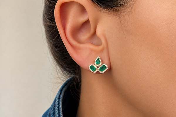 Earrings 14kt Yellow Gold Mixed Cut Emeralds & Diamonds
