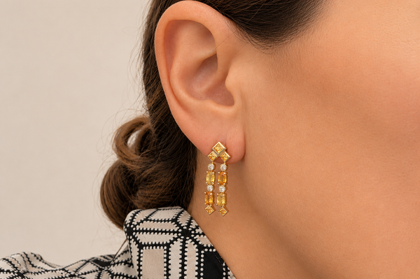 Earrings 18kt Gold yellow and Orange Sapphires with Diamonds
