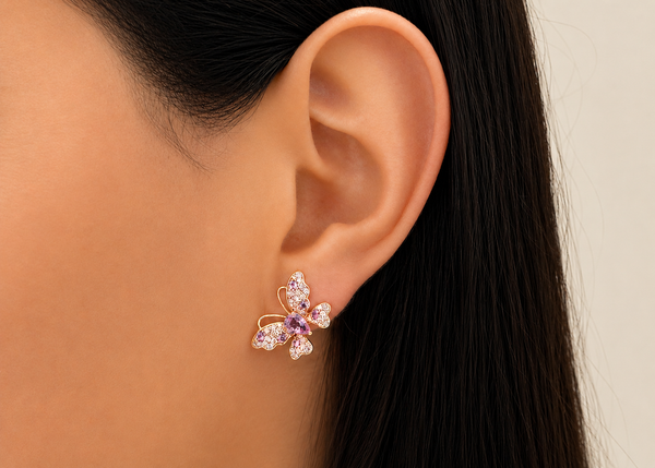 Earrings 18kt Gold Pink Sapphire & Diamonds Butterflies