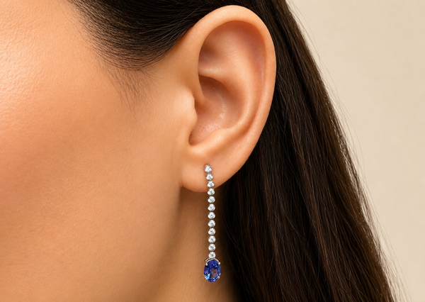 Earrings 18kt White Gold Inline Diamonds with Oval Tanzanita Drops