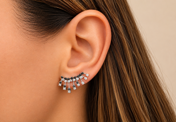 Earrings 14kt Gold Climber Round White and Black Diamonds Stardusts