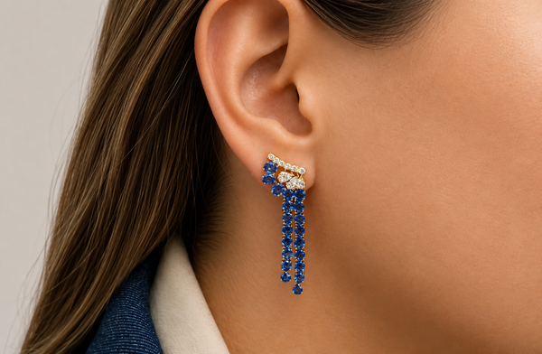 Earrings 18kt Gold Blue Sapphires Two Line Drops and Diamonds
