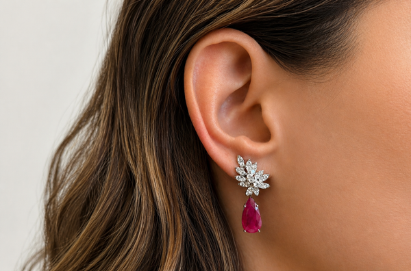 Earrings 18kt Gold Pear Rubies & Diamonds Statement Drops