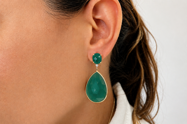 Earrings 14kt Gold Green Agates & Diamonds