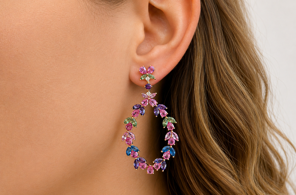Earrings 18kt Gold Floral Sapphires Amethyst & Diamonds Drop