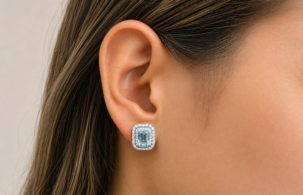 Earrings 18kt Aquamarines & Double Halo of Diamonds