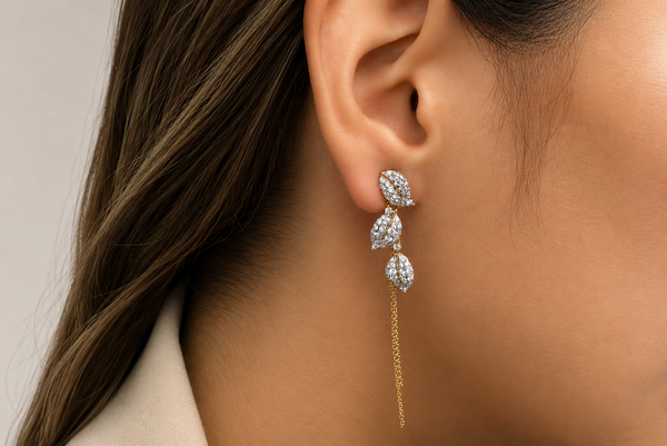 Earrings 18kt Gold Leaf Shape Diamonds and Long Chain
