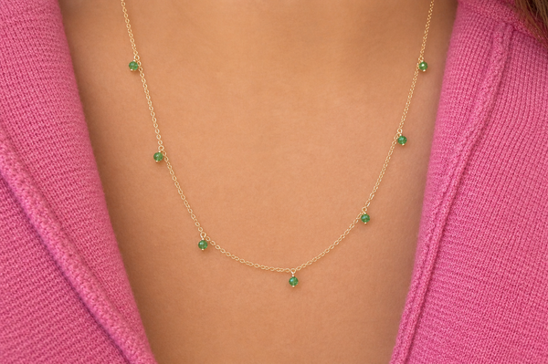 Necklace 14kt Gold Shaker  Round Emeralds