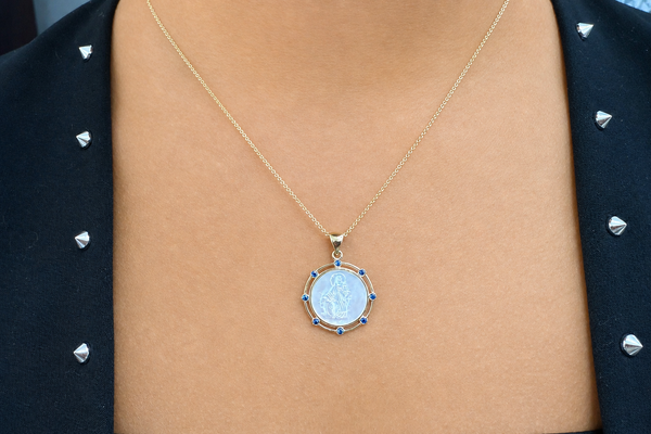 Necklace 14kt Gold Mother Pearl Sapphires Medal Pendant