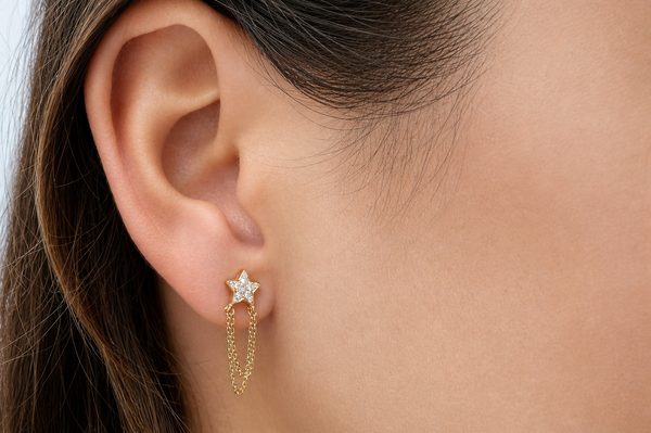 Earrings 14kt Gold Star Chain & Diamonds
