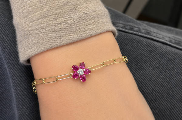 Bracelet 14kt Gold Paper Clip & Ruby Flower