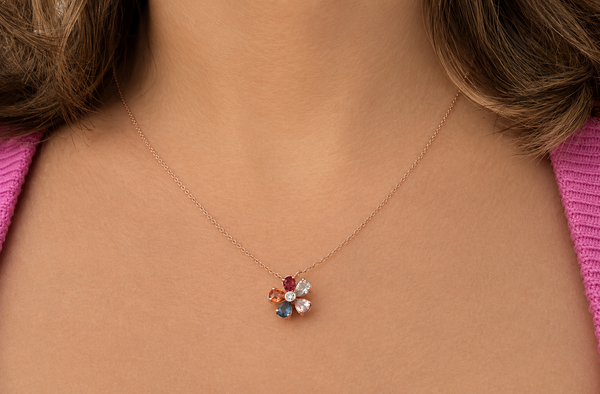 Necklace 14kt Rose Gold Multicolor Flower and Central Diamond