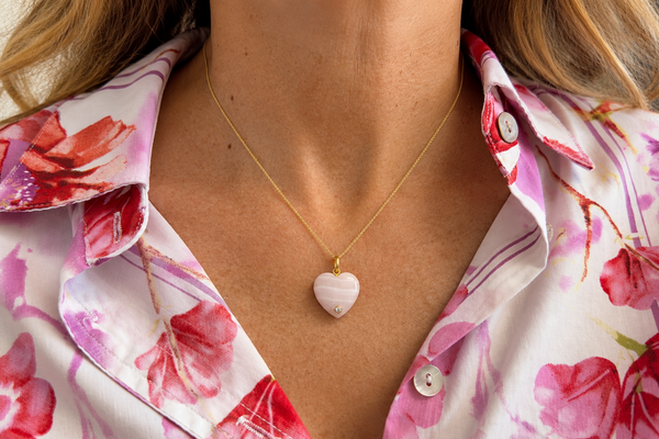 Pendant 14kt Gold Rose Quartz Heart & Round Diamonds