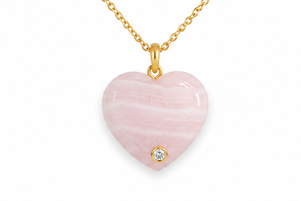 Pendant 14kt Gold Rose Quartz Heart & Round Diamonds