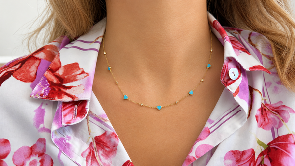 Necklace 14kt Gold Turquoise Hearts & Diamonds