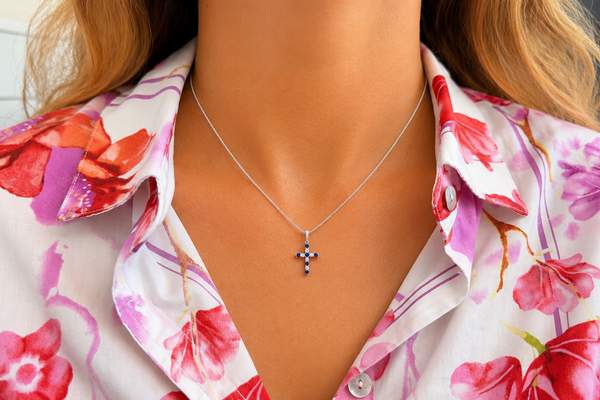 Pendant 18kt Gold Round Diamonds & Sapphires Cross