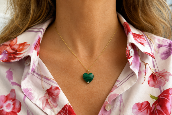 Pendant 14kt Gold Malachite Heart & Round Diamonds