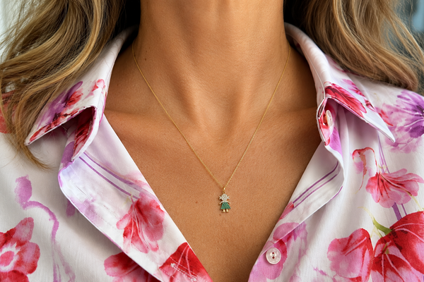 Necklace 14kt Gold Girl with Emeralds & Diamonds
