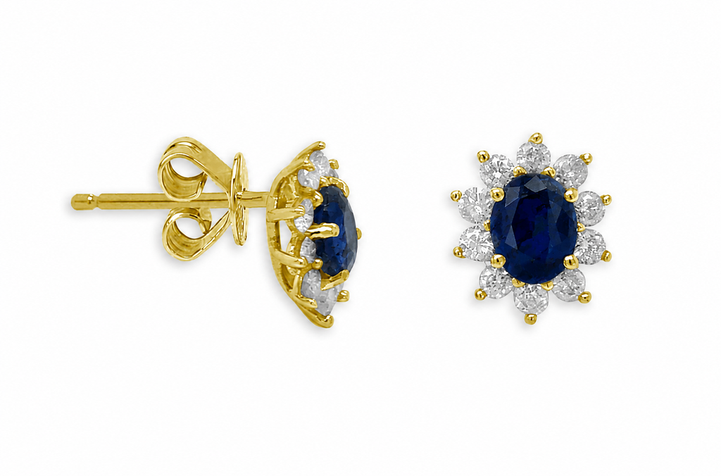 Earrings 18kt Gold Oval Sapphire & Diamonds Studs